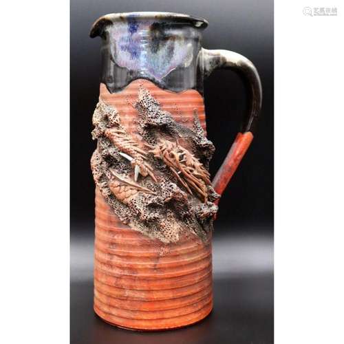 Signed Asian Glazed Terracotta Pitcher with Dragon