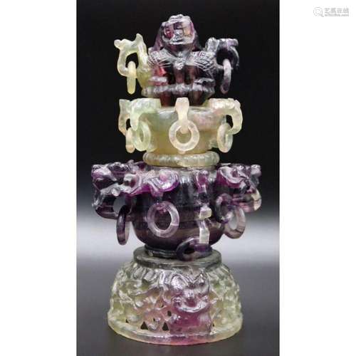 Asian Carved Green and Purple Fluorite Censer.