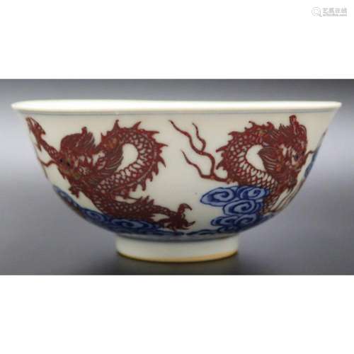 Chinese Blue and White Bowl with Iron Red Dragons.