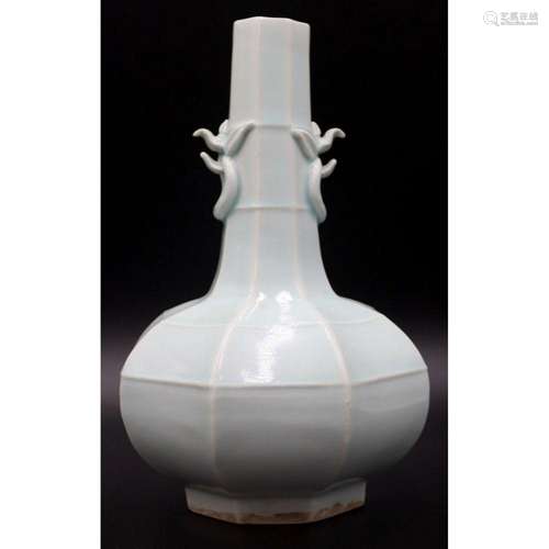 Asian Octagonal Blue Vase with Handles.