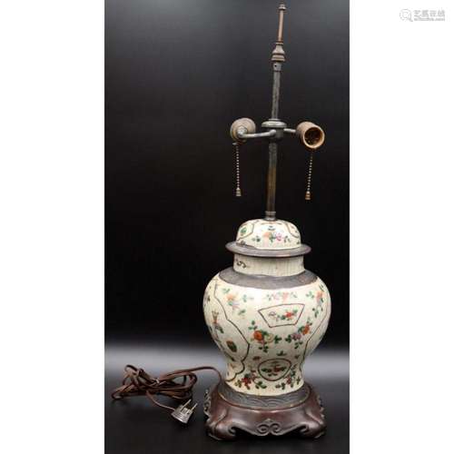 Chinese Enamel Decorated Lidded Urn as a Lamp.