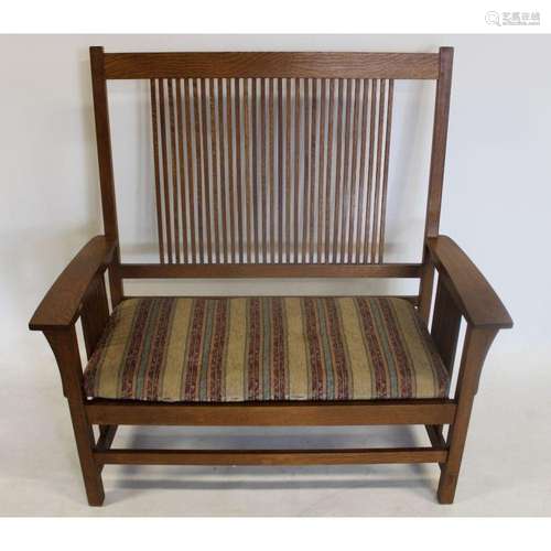 Stickley Audi Oak Arts & Crafts High Back Settee.