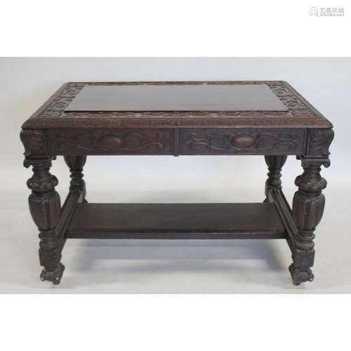 Victorian Signed Mahogany Carved Partners Desk.