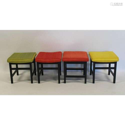 4 Midcentury Ebonized Upholstered Stools.