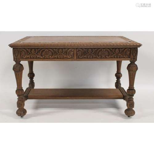 Antique Carved Oak 2 Drawer Desk.