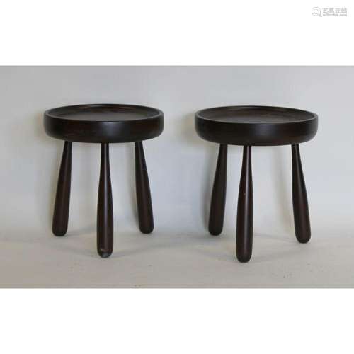 A Pair Of Wood Dish Top 3 Legged Stools.