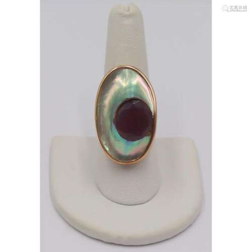 JEWELRY. 14kt Gold, Colored Gem and Abalone Ring.