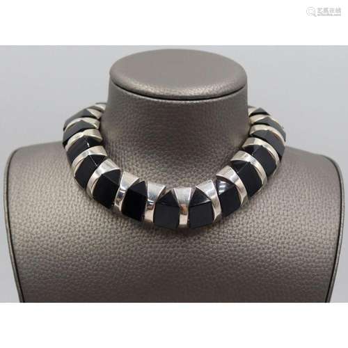 JEWELRY. Mexican Taxco Sterling and Onyx Necklace.