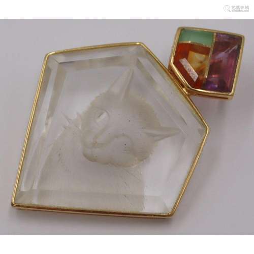 JEWELRY. 18kt Gold, Colored Gem and Carved Cat