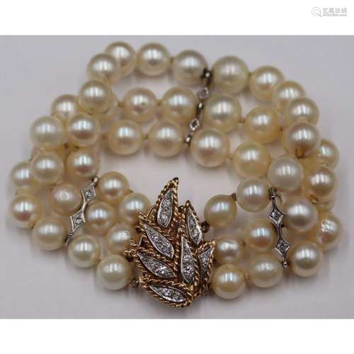 JEWELRY. Pearl 14kt Gold and Diamond Bracelet.