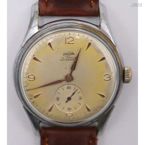 JEWELRY. Vintage Enicar Stainless Jumbo Watch.