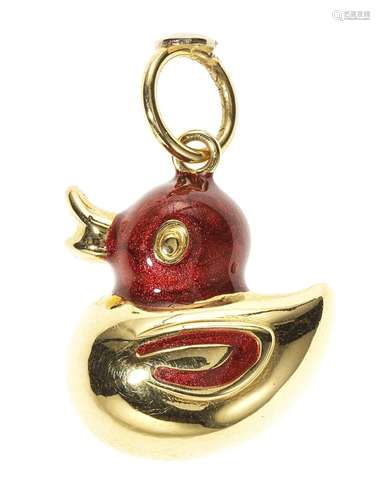 Pendentif à motif de canard à la tête émaillée rouge Travail...