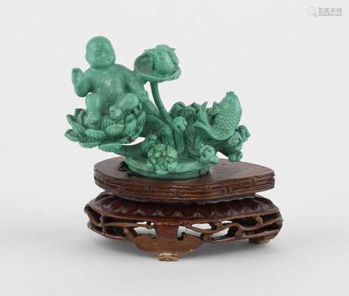 Groupe d'enfants et lotus, Chine, XXe s Turquoise, L 7 c...