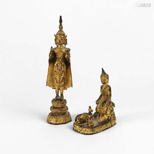 Bouddha debout et bouddha assis, Thaïlande, Bronze doré, H 1...