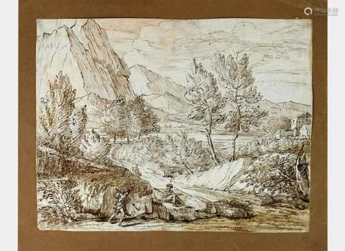 Ecole italienne, XVIIIe s Etude pour un paysage animé, encre...