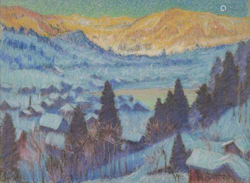 Ecole XXe s Paysage de montagne, pastel sur papier, signatur...