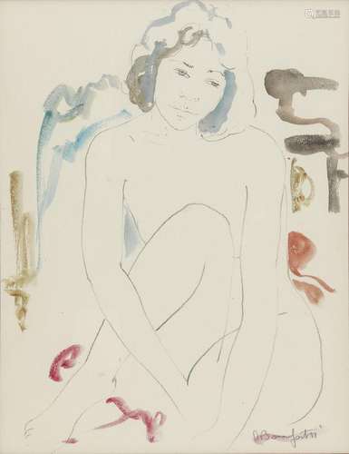 Alain Bonnefoit (1937) Femme nue assise, crayon gras et aqua...