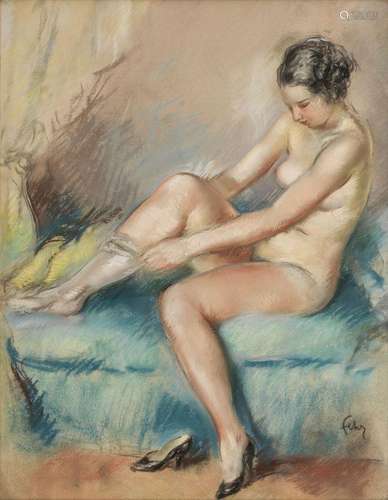 Henri Fehr (1890-1974) Femme nue remontant son bas, pastel s...