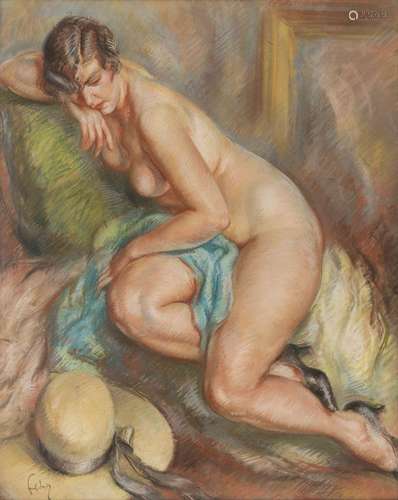 Henri Fehr (1890-1974) Femme nue au drap bleu, pastel sur pa...