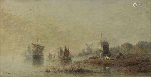 Louis Mennet (1829-1875) Paysage au moulin, huile sur carton...