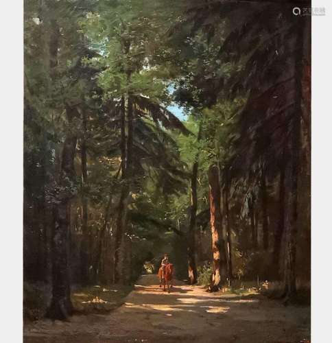 Ecole XIXe s Cavalcade dans la forêt, huile sur toile, monog...