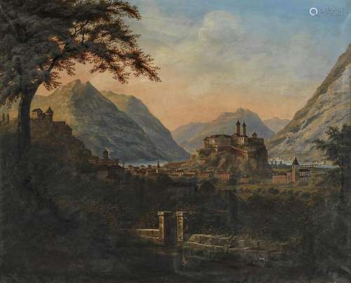 Ecole suisse, XIXe s Ville de Bellinzona au Tessin, huile su...