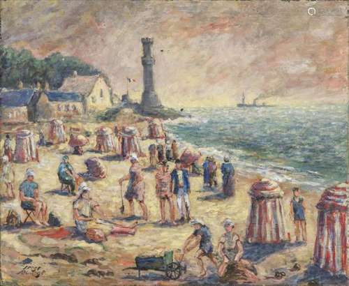 Serge Sauvage (XXe) La plage de Honfleur, huile sur toile, s...