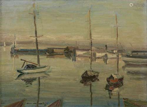 Octave Mathey (1888-1969) Le port de Neuchâtel, huile sur to...