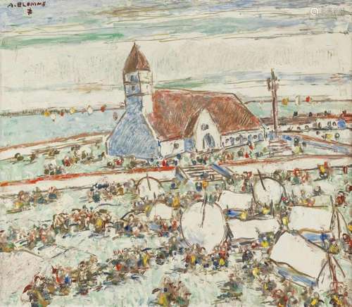 Alfons Blomme (1889-1979) Marché de village devant l'égl...