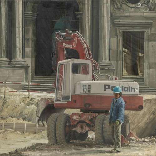 Bruno Schmeltz (1938) Le chantier du Louvre, huile sur toile...