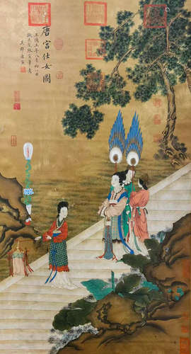 Ancient Chinese Tang Yin silk painting of Tang Palace ladies