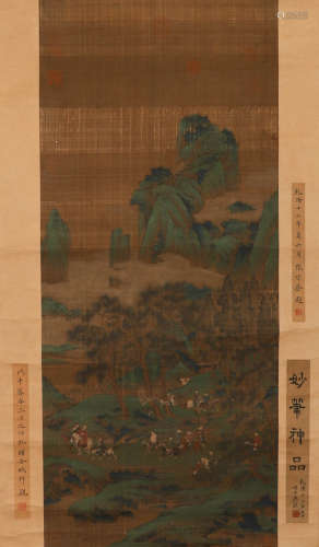 Ancient Chinese unknown silk paintings of green landscape fi...