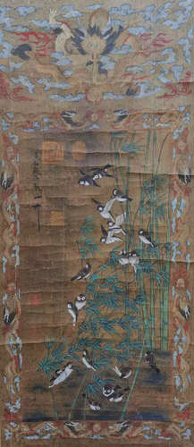 Silk scroll of flowers and birds with dragon pattern painted...