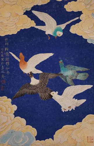 Chinese modern non dark paper flower and bird painting scrol...