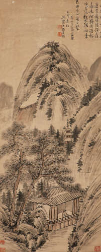 Chinese Qing Dynasty Wang Jian paper landscape painting axis
