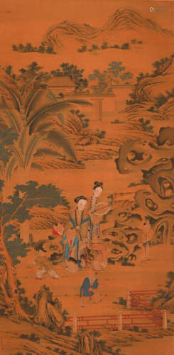 Qiu Ying's silk landscape figure painting scroll in the Qing...
