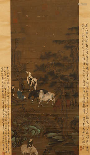 Ancient Chinese painting scroll of unknown silk landscape fi...