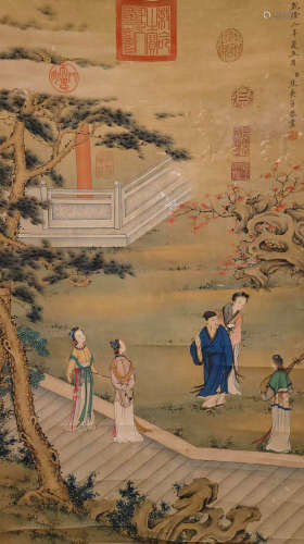 Chinese Qing Dynasty Jiao Bingzhen silk figure painting scro...