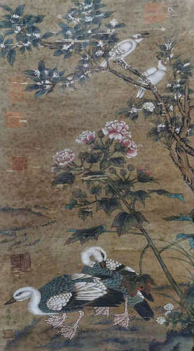 Xu Xi's silk flower and bird painting scroll in ancient Chin...