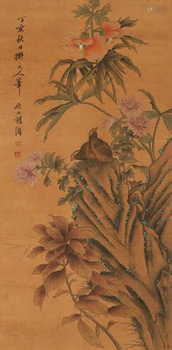 Chinese painting scroll of Hu Mei flowers and birds in Qing ...