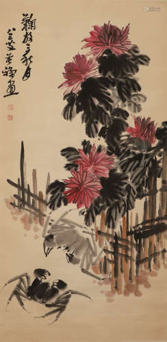 Chinese Modern Li kuchan's paper flower painting scroll