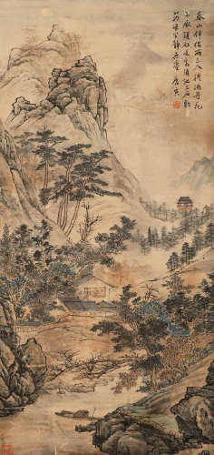 Chinese ancient Tang Yin paper landscape painting axis