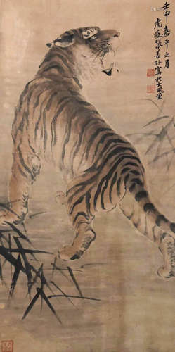 Zhang Shanbi's paper tiger painting scroll in ancient China