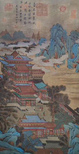 Ancient Chinese Li Zhi's silk landscape pavilions