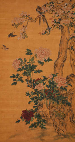 An anonymous picture of flowers and birds on silk in ancient...