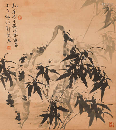 Paper bamboo and stone painting scroll of Zheng Banqiao in Q...