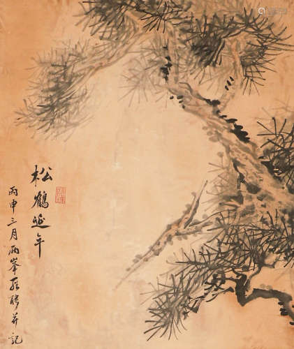 Luopin paper pine and crane picture axis in Qing Dynasty