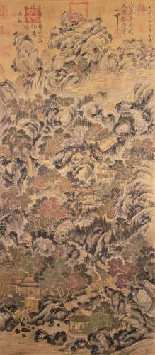 Ancient Chinese Jinghao silk landscape painting axis