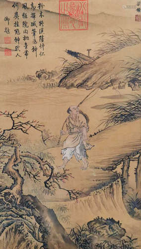 Ancient Chinese Liang Kai silk fishing return picture axis