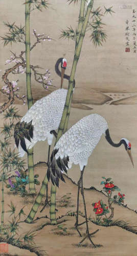 Chinese ancient Qian Xuan silk double crane painting scroll
